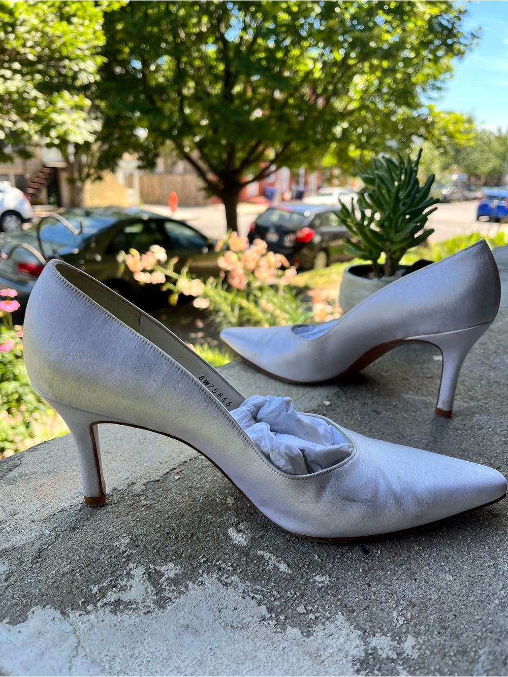 Stuart Weitzman Satin Pointed-Toe Pumps in Pearl - Picture 5 of 9